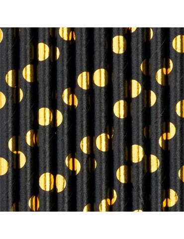 1Słomki Czarne Złote Kropki 10szt 512366 19,5 cm papierowe sylwester przyjęcia