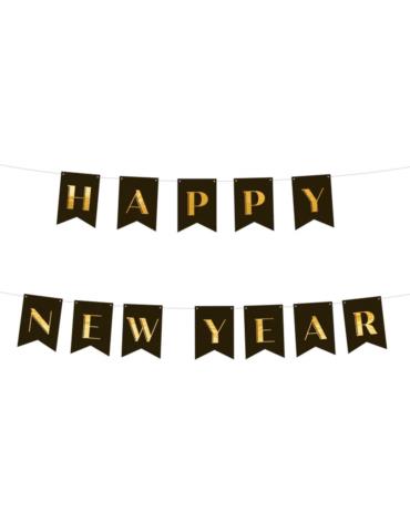 Baner Happy New Year 220 cm 512666 girlanda czarna papierowa sylwestre party przyjęcie
