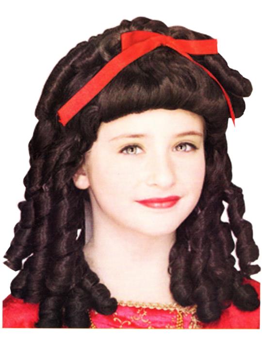 1Peruka Długa Czarna Loki 98857 dla dzieci czerwona kokarda