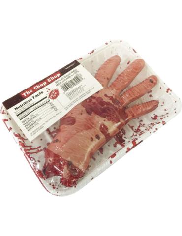 1Dekoracja Ręka zakrwawiona 673402 Sztuczna ręka na tacce z krwią Halloween