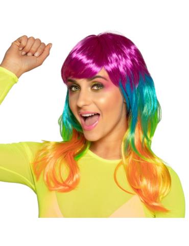 1Peruka Długa Multikolor Disco 85702 z grzywką tęczowa lata 80-te PRL Retro