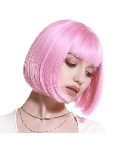 Peruka Krótka Różowa z Grzywką PT092R Jasna Bob krótkie włosy