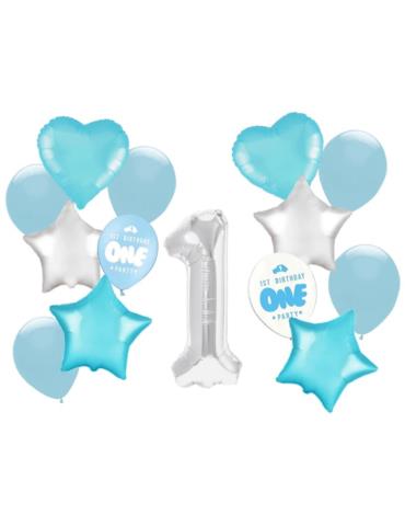 1Balony foliowe Roczek zestaw XL 400120 dla chłopca niebieskie 1x100cm 6x45cm 7x30cm na hel