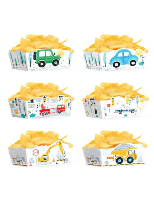 1Pudełko na chipsy Auta 3szt 131442 15x6cm Jeep, garbus, wóz strażacki, radiowóz, wywrotka, koparka
