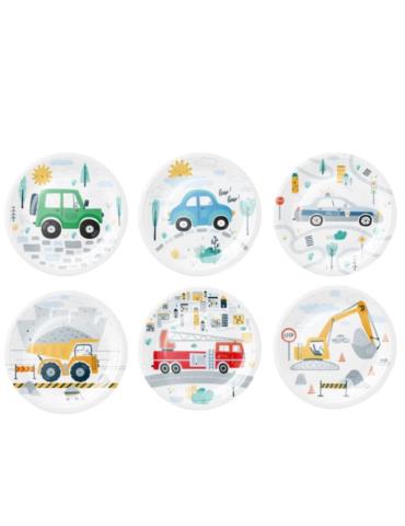 1Talerzyki papierowe Auta 6szt 131404 Jeep, garbus, wóz strażacki, radiowóz, wywrotka, koparka 18cm