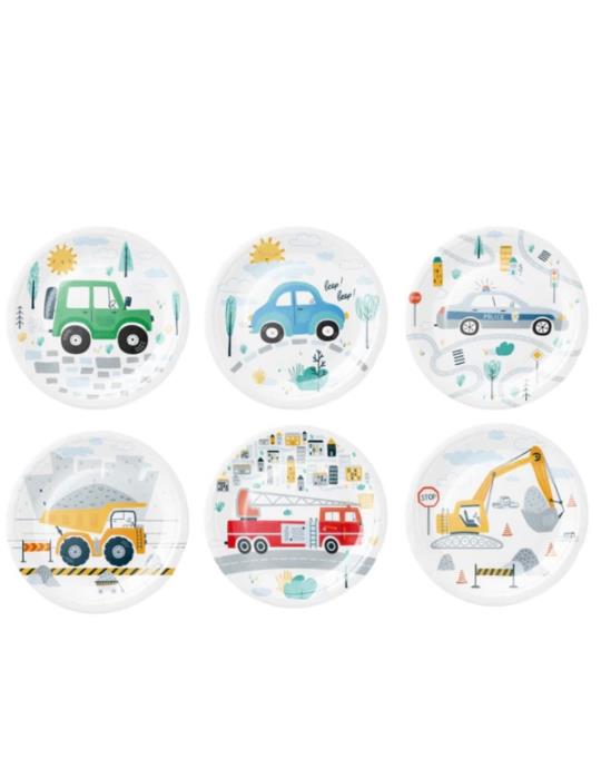 1Talerzyki papierowe Auta 6szt 131404 Jeep, garbus, wóz strażacki, radiowóz, wywrotka, koparka 18cm
