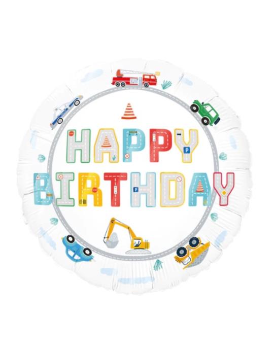 1Balon Happy Birthday Auta 45cm 131497 Jeep, garbus, wóz strażacki, radiowóz, wywrotka, koparka