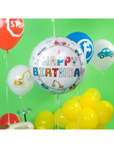 1Balon Happy Birthday Auta 45cm 131497 Jeep, garbus, wóz strażacki, radiowóz, wywrotka, koparka