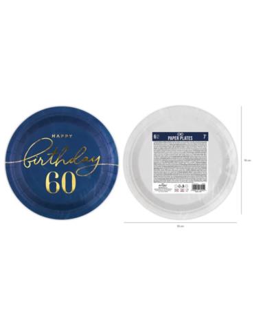 1Talerzyki Happy Birthday 60 130452 granatowe 6 sztuk 18 cm urodzinowe