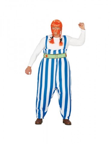 Zestaw strój obelixa biało-niebieski pomarańczowa peruka z warkoczami i wąsem