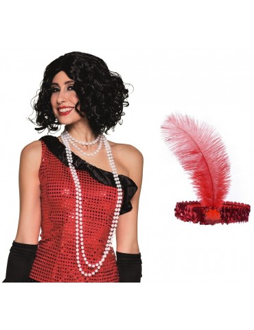 zestaw lata xx opaska na głowę w kolorze czerwonym z cekinami, białe perły