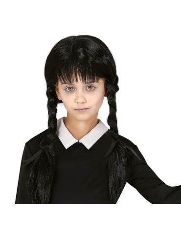 1Peruka Wednesday Czarna D2302 z grzywką i Warkoczami dziecięca