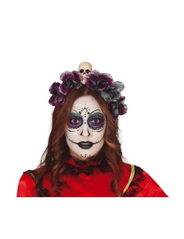 1Opaska Halloween z czaszką 26640BZ Szaro-fioletowa tiara Meksykański Festiwal Śmierci