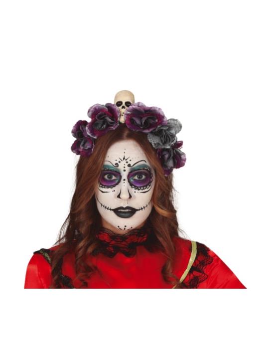 1Opaska Halloween z czaszką 26640BZ Szaro-fioletowa tiara Meksykański Festiwal Śmierci