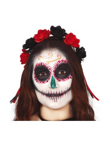 1Opaska Halloween z Kwiatami 26458BZ czarno-czerwonymi Meksykański Festiwal Śmierci De la Muerte