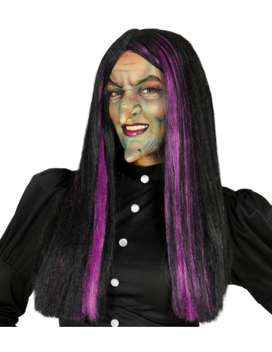 Peruka Długa Czarna Czarownicy 4552BZ z Fioletowym pasmem