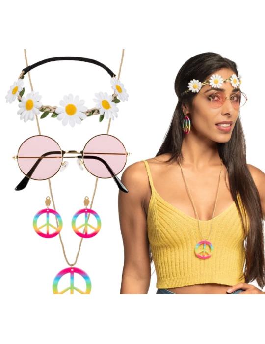 Zestaw Hipiski z Opaską i Pacyfką 44551 okulary lenonki, kolczyki pacyfka lata 70-te flower power