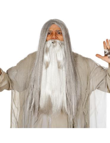 Peruka długa siwa z Brodą CP053 Mag Druid Czarodziej zestaw
