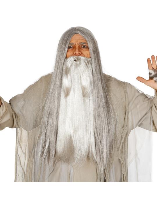Peruka długa siwa z Brodą CP053 Mag Druid Czarodziej zestaw
