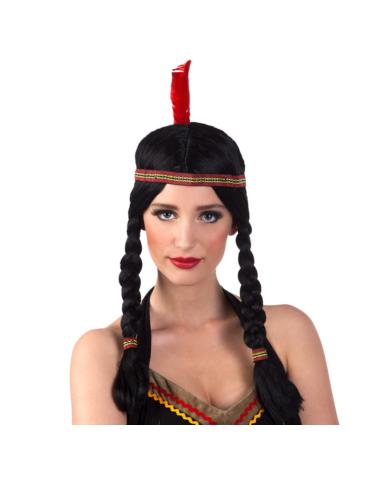 Peruka Indianki Czarna z Piórkiem CP054 z warkoczami Wednesday Wensday