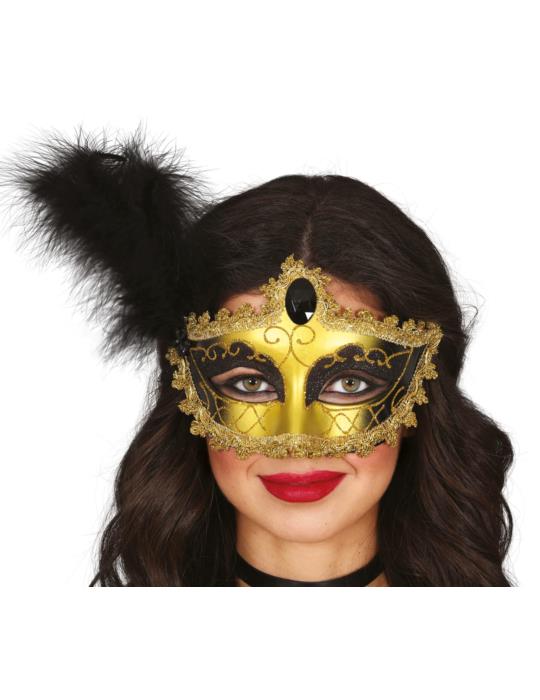 Maska Wenecka Czarno-złota 12065 z piórkiem na oczy sylwestra