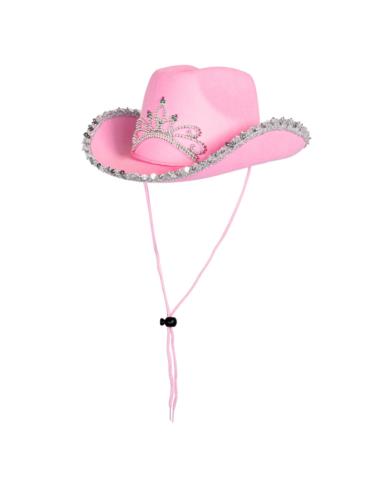 1 Kapelusz Kowbojski różowy D2930 z Cekinami i srebrnym Diademem Kowbojka Dziki Zachód dziecięcy
