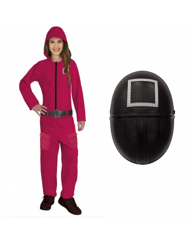 Strój Kombinezon Squid Game 146/152 malinowy z kapturem i maska czarna plastikowa gracza mocowana na gumce
