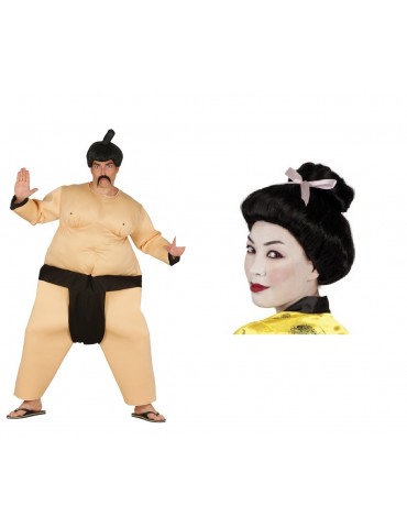 strój kombinezon umięśniony zawodnik sumo L z peruką czarną gejszy