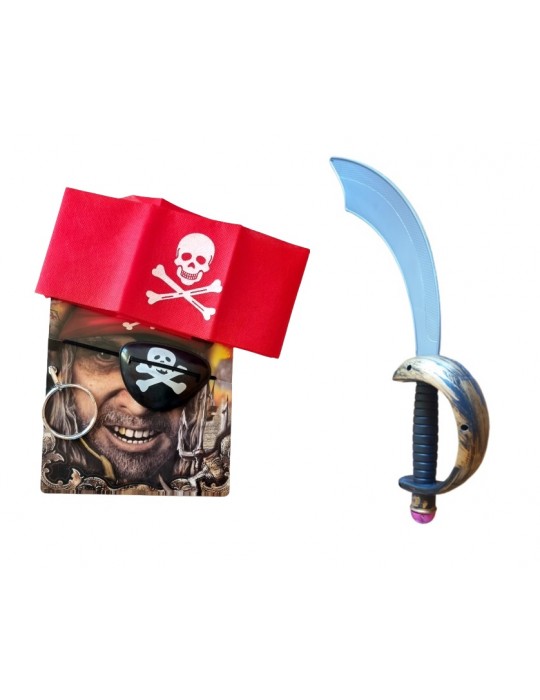 zestaw pirata szabla z rękojeścią, chusta czerwona, srebrny klips kolczyk, opaska na oko