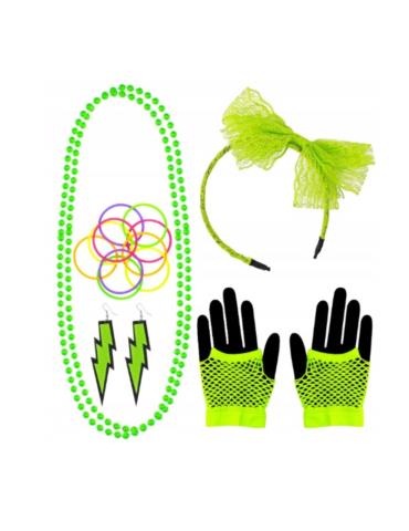 1 Zestaw Disco Zielony Neonowy 29364W Lata 80-te PRL Retro naszyjnik opaska bransoletki kolczyki rękawiczki