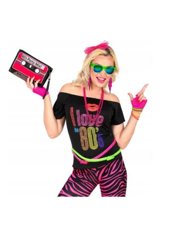 1 Zestaw Disco Różowy Neonowy 29363W Lata 80-te PRL Retro naszyjnik opaska bransoletki kolczyki rękawiczki