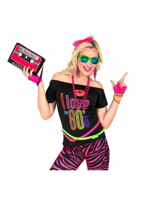 1 Zestaw Disco Różowy Neonowy 29363W Lata 80-te PRL Retro naszyjnik opaska bransoletki kolczyki rękawiczki