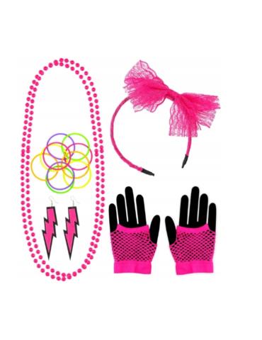1 Zestaw Disco Różowy Neonowy 29363W Lata 80-te PRL Retro naszyjnik opaska bransoletki kolczyki rękawiczki