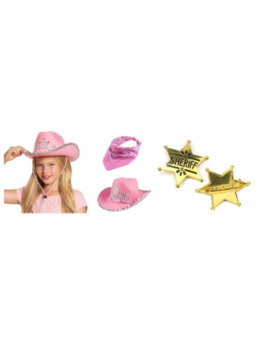 Zestaw kowbojki w kolorze różowym kapelusz welurowy złota gwiazda szeryfa bandanka materiałowa