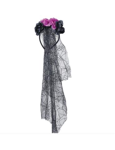 1 Opaska Halloween z Welonem 24204BZ wianekz kwiatami czarna