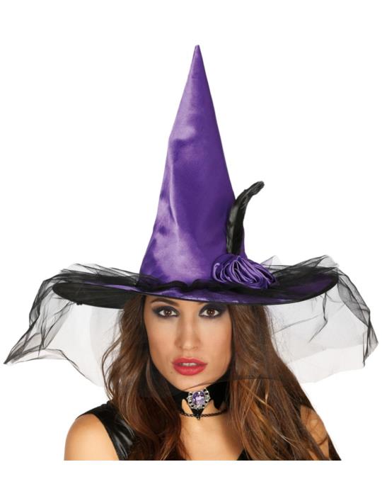 1 Kapelusz Czarownicy Fioletowy A2281F z woalką tiulem halloween