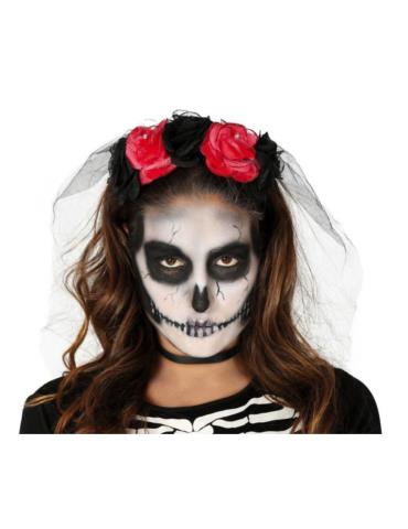 1 Opaska Halloween z Welonem 26268BZ różami meksykańska Dia de los Muertos tiulem