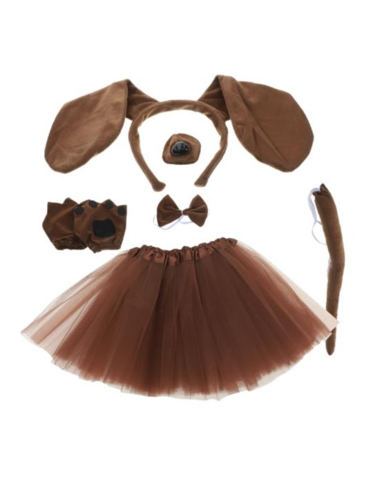 1 Strój Piesek Brązowy ZESTAW DZD24295 6el pieska spódnica TuTu łapki ogon mucha nos opaska z uszami